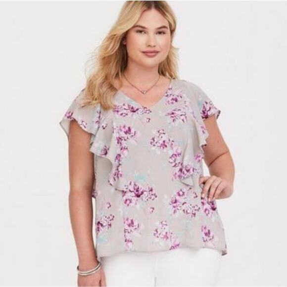 Torrid Women's Plus Ruffle Floral Georgette Short Sleeve Blouse Gray‎ Size 3 - Picture 1 of 14